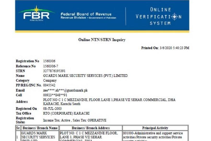 View FBR Registration Certificate